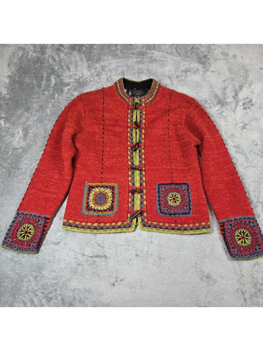 Icelandic Design Cardigan Medium Orange Alpaca Wool Crochet Beaded Boho